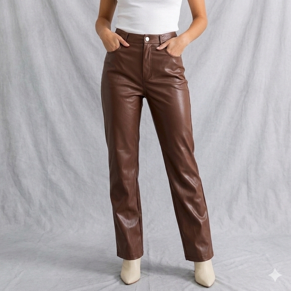 Princess Polly Pants - NWT Princess Polly Brown Faux Leather High Rise Straight Leg Pants - Size 4